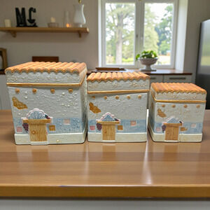 1998 House of Lloyd Ceramic 3 Canister Set Southwestern Pueblo Village Kitchen